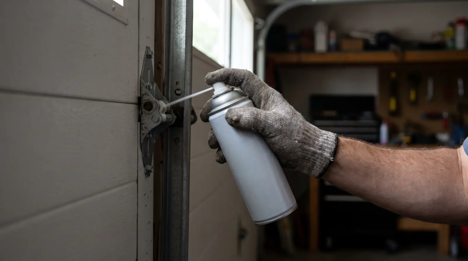 Close view of a garage door hinge and roller being lubricated