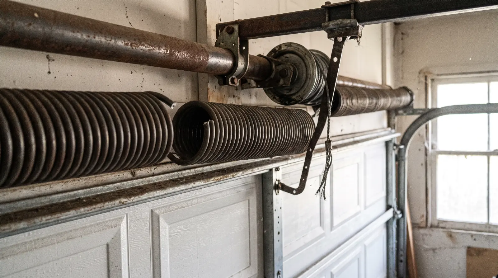Torsion spring mounted on a steel bar above a residential garage door