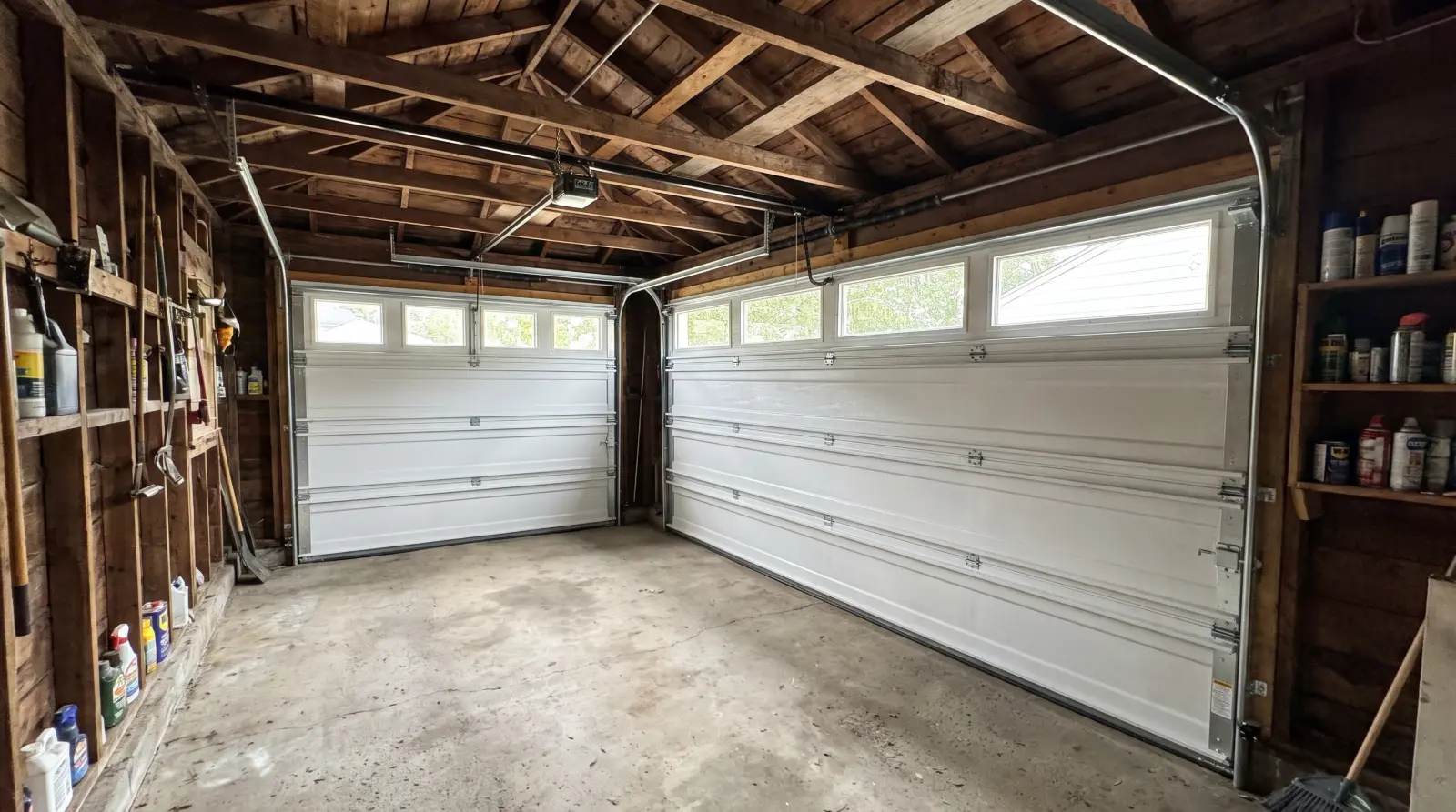 Inside a garage with a new insulated sectional door and low-headroom track